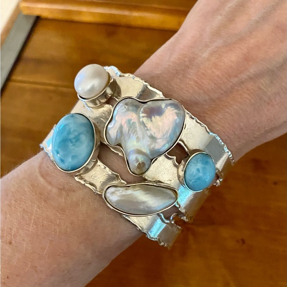 Sterling Silver Larimar & Pearl Cuff Bracelet - Picture 3 of 9